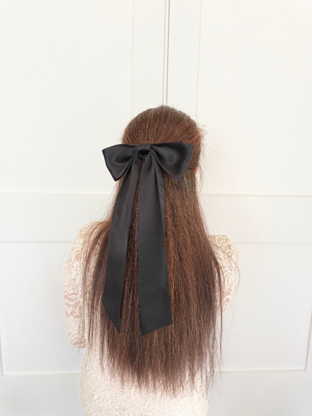 Black Mulberry Silk Hair Bow Long Tail, Handmade Hair Clip